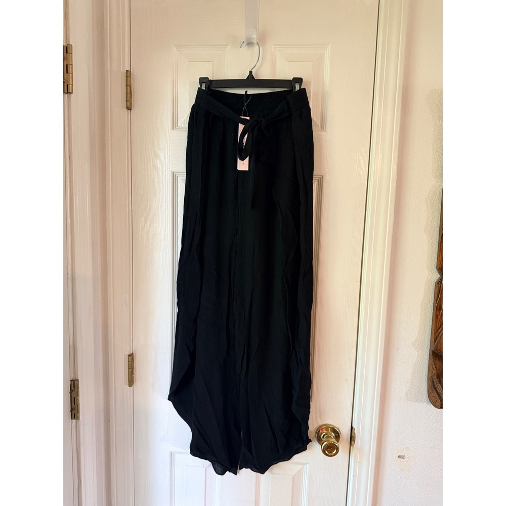 AQUA Black Wide Leg Split Wrap Beach Pants Smocked Waist AOCU23C04 Womens Small